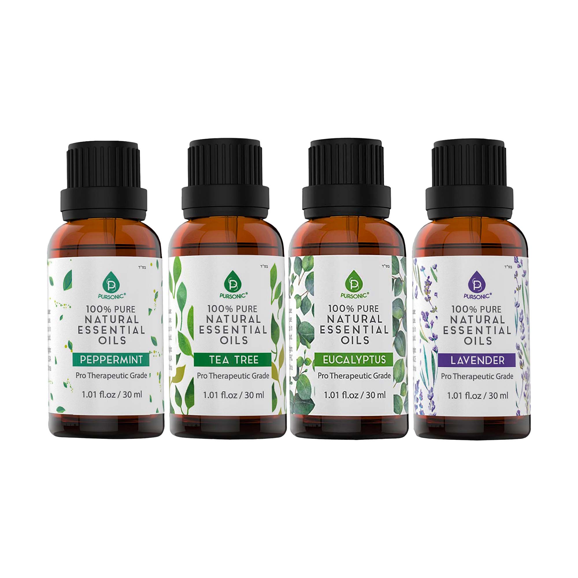 PURSONIC  
100% PURE NATURAL ESSENTIAL OILS  

PEPPERMINT  
Pro Therapeutic Grade  
1.01 fl.oz / 30 ml  

TEA TREE  
Pro Therapeutic Grade  
1.01 fl.oz / 30 ml  

EUCALYPTUS  
Pro Therapeutic Grade  
1.01 fl.oz / 30 ml  

LAVENDER  
Pro Therapeutic Grade  
1.01 fl.oz / 30 ml