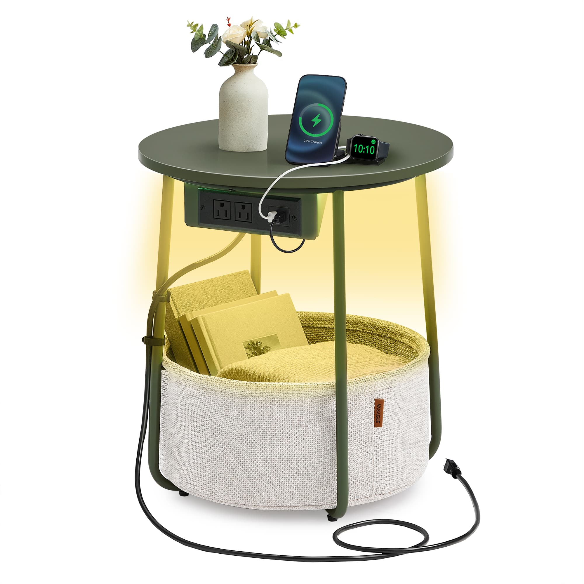 Songmics Home - Small Round Side End Table with Charging Station, Modern LED Nightstand with Fabric Basket - Forest Green and Camel Brown