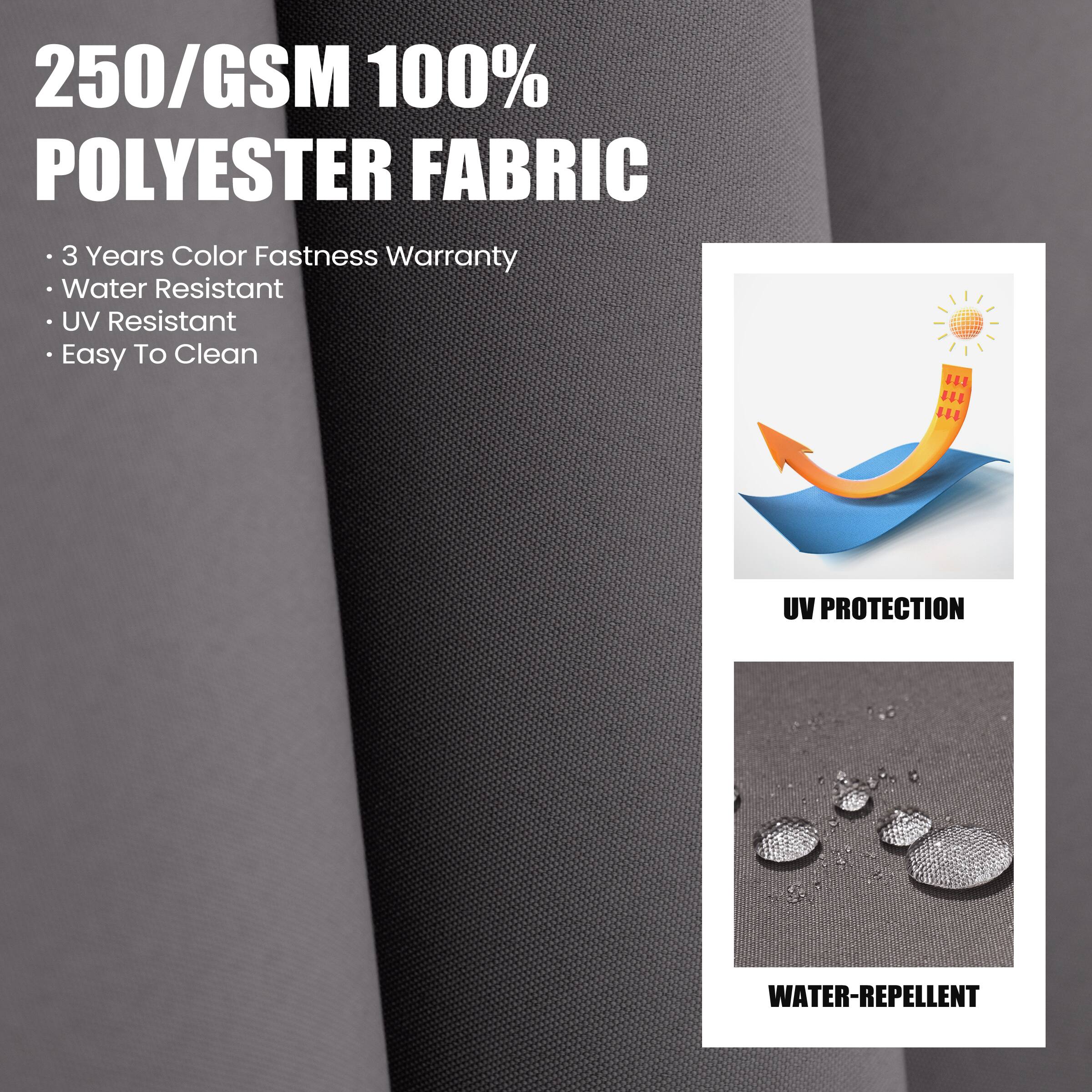 250/GSM 100% POLYESTER FABRIC

- 3 Years Color Fastness Warranty
- Water Resistant
- UV Resistant
- Easy To Clean

UV PROTECTION

WATER-REPELLENT