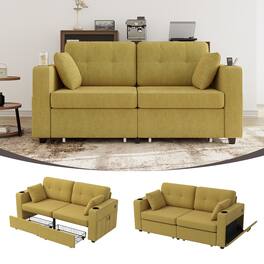 Ropilly - Chenille Sectional Sofa with Storage Chaise, USB Charging Ports and Cup Holders for Small Apartment - Mustard yellow