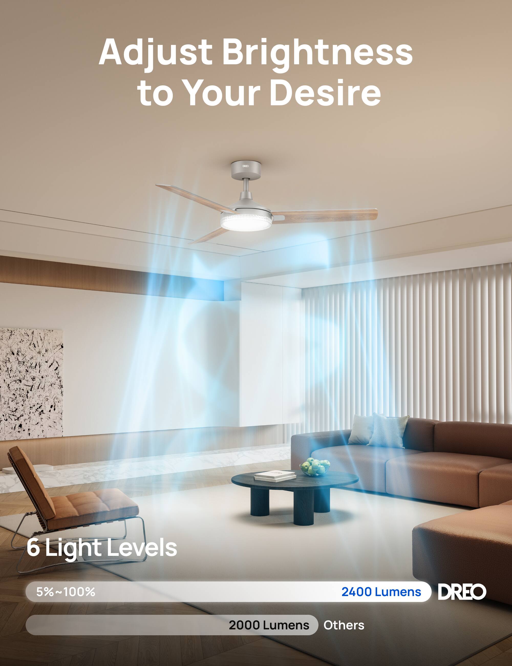 Adjust Brightness to Your Desire - 6 Light Levels 5%~100% 2400 Lumens DREO 2000 Lumens Others