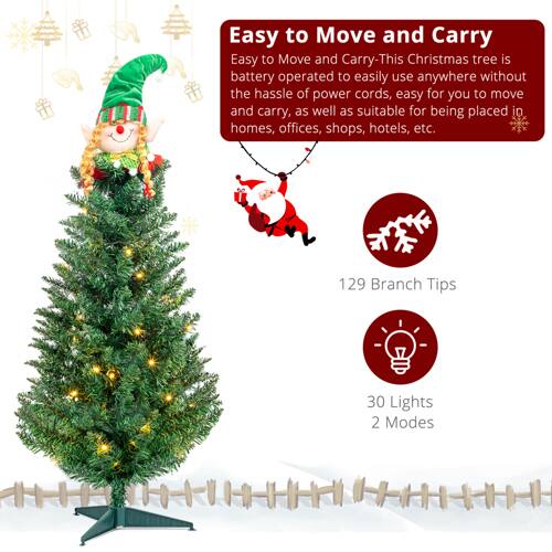 Easy to Move and Carry  
This Christmas tree is battery operated to easily use anywhere without the hassle of power cords, easy for you to move and carry, as well as suitable for being placed in homes, offices, shops, hotels, etc.

129 Branch Tips  
30 Lights  
2 Modes