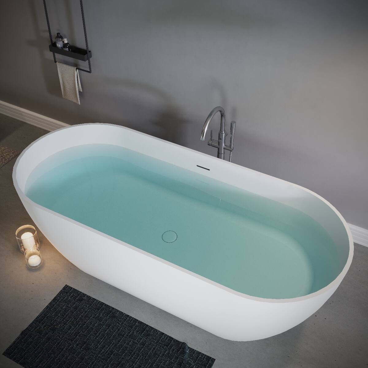 Loheer 63 Inch Freestanding Solid Surface Soaking Bathtub with Center ...