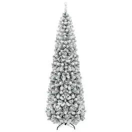 Costway - 7.5 FT Unlit Flocked Pencil Christmas Tree Hinged with 641 Branch Tips - Green/White