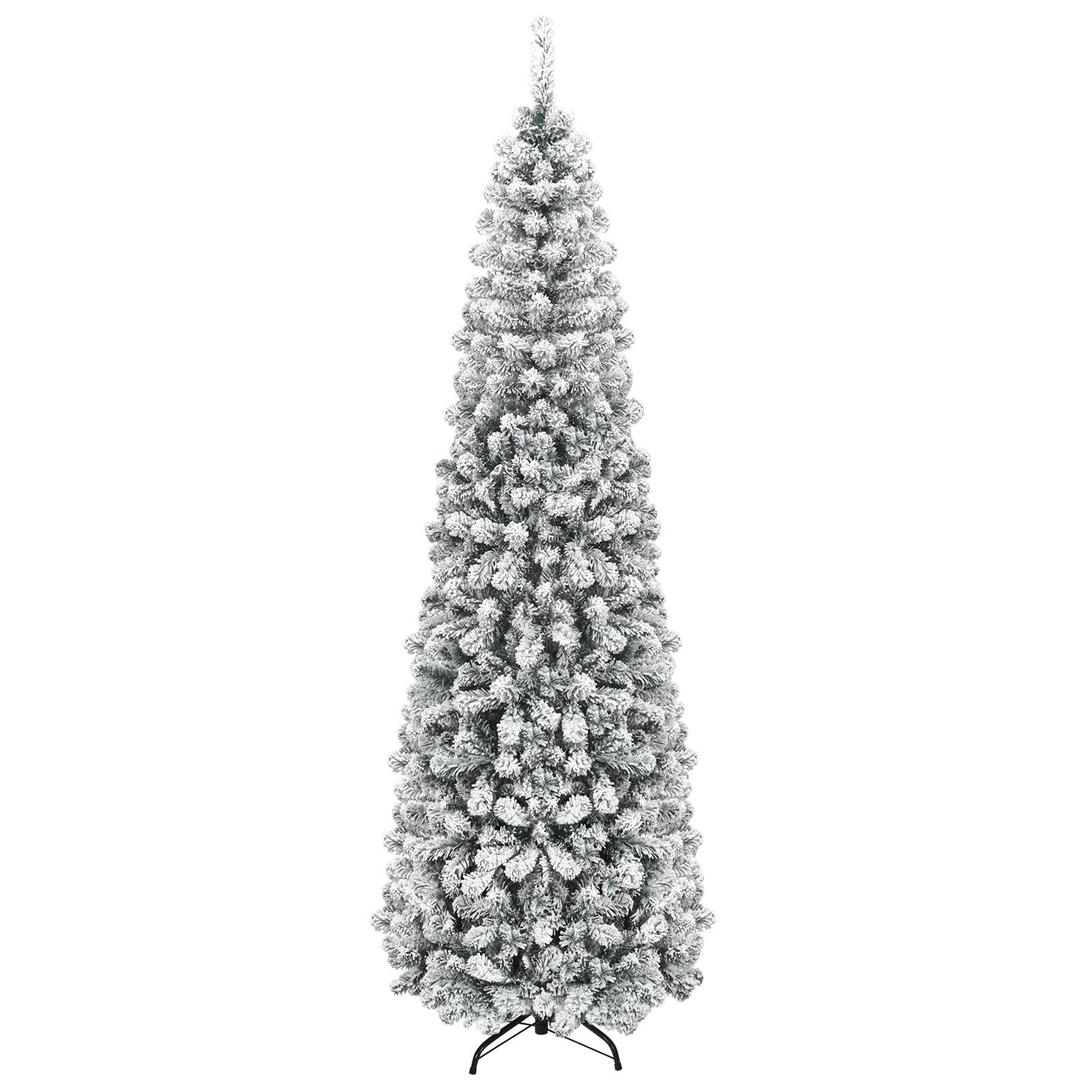 Front. Costway - 7.5 FT Unlit Flocked Pencil Christmas Tree Hinged with 641 Branch Tips - Green/White.