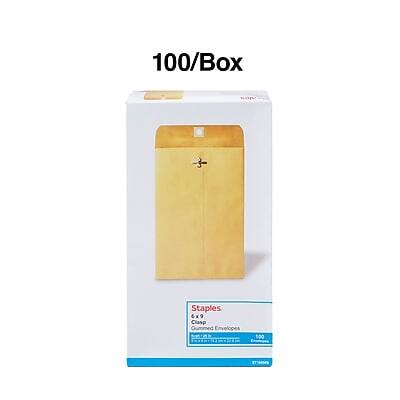 100/Box Staples 6x9 Clasp Gummed Envelopes 100