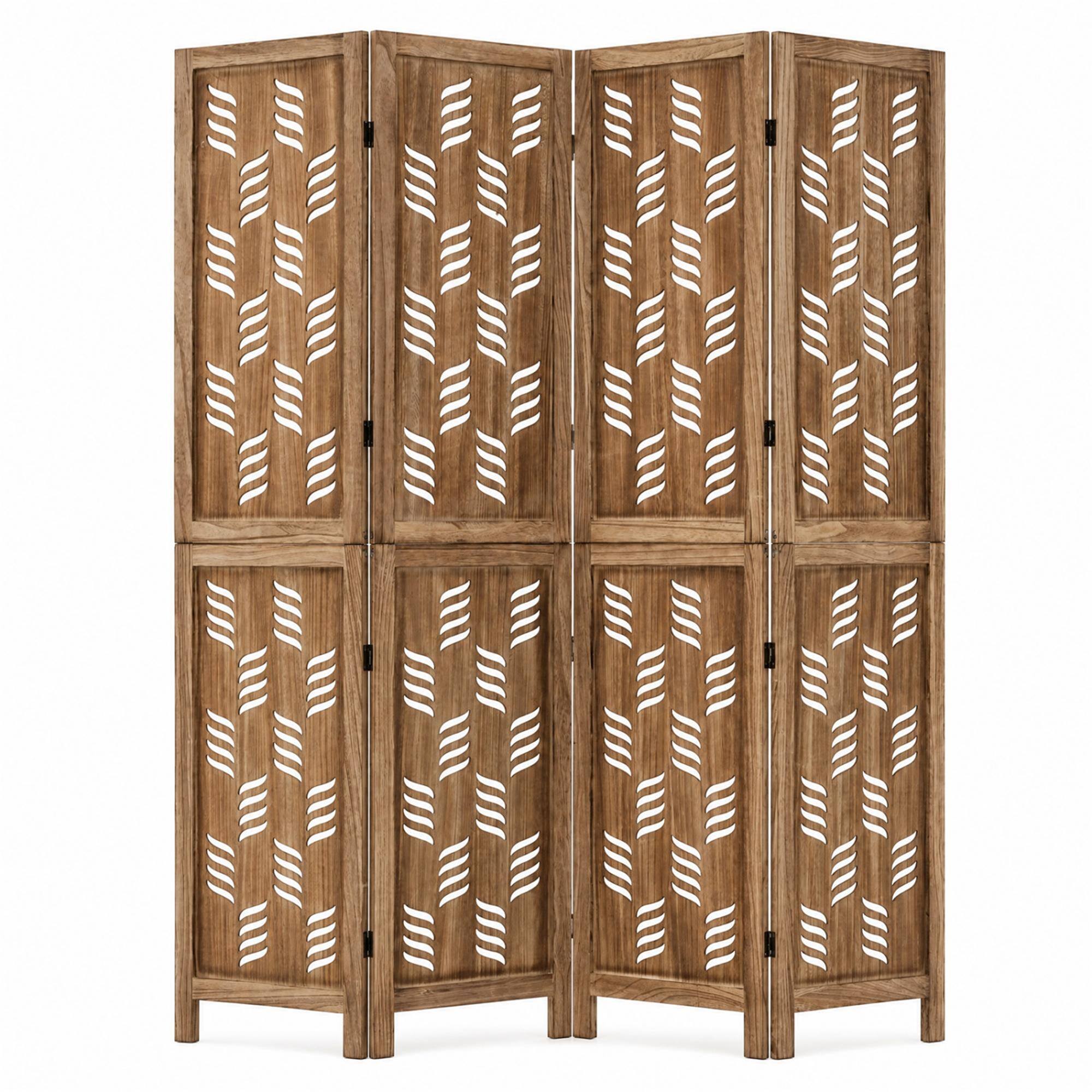 Front. Boyel Living - 5.5 FT Tall Room Divider 4 Panels with Wave Cutout & Paulownia Frame for Room-Brown - Brown.