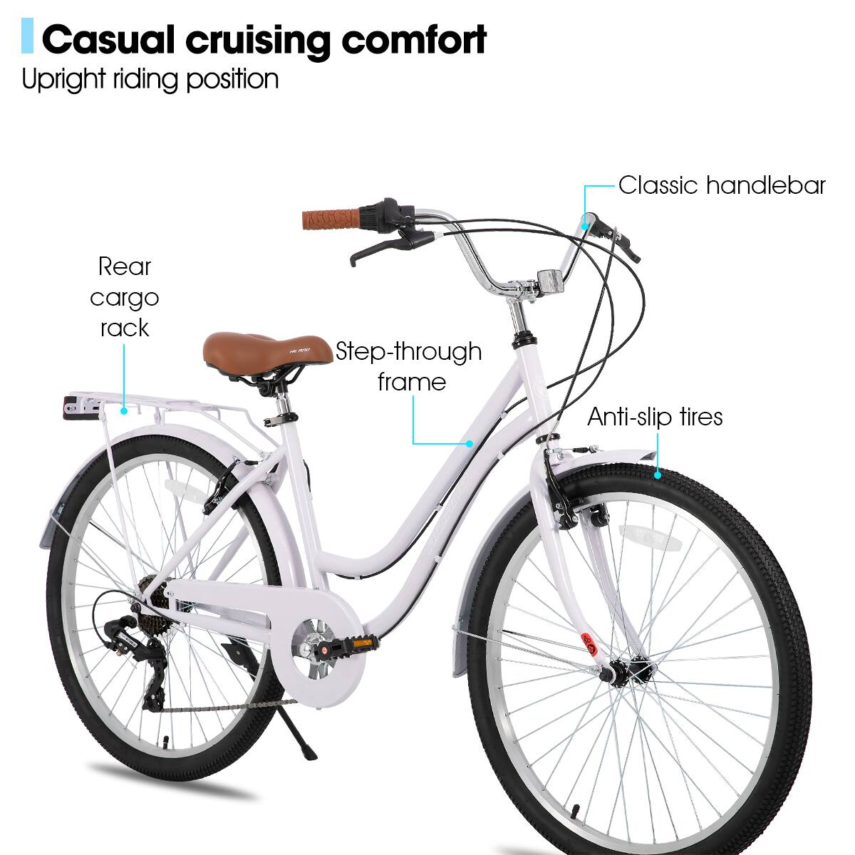 HILAND 26 Inch Beach Cruiser Bike for Men and Women, 7 Speed Step