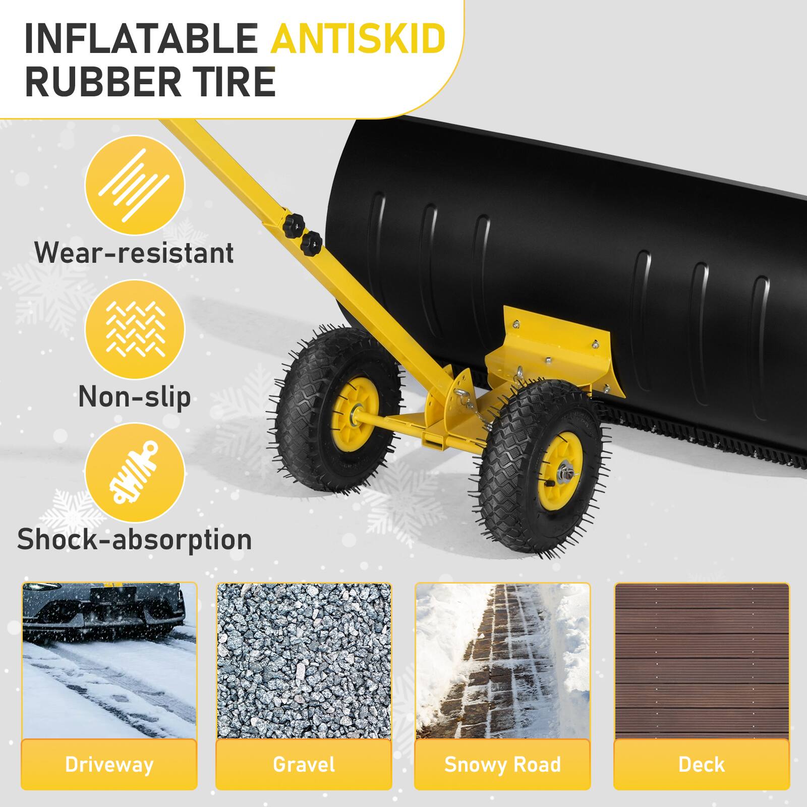 INFLATABLE ANTISKID RUBBER TIRE

- Wear-resistant
- Non-slip
- Shock-absorption

- Driveway
- Gravel
- Snowy Road
- Deck