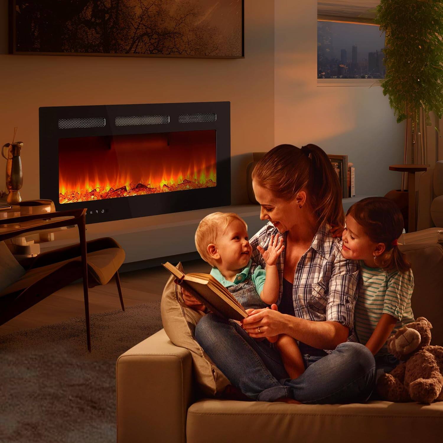 Left. Qeetex - 30" Electric Fireplace Heater, Wall Mounted or Recessed, 12 Flame Colors, Remote & Timer Control - Black.