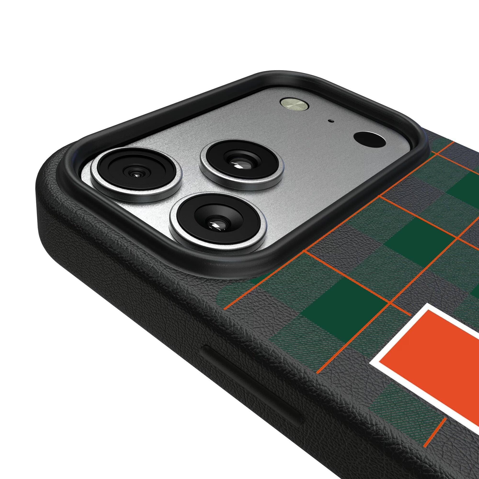 Alt View 2. Keyscaper - Miami Hurricanes Plaid Magnetic Bump iPhone Case - 16 Plus - Black.