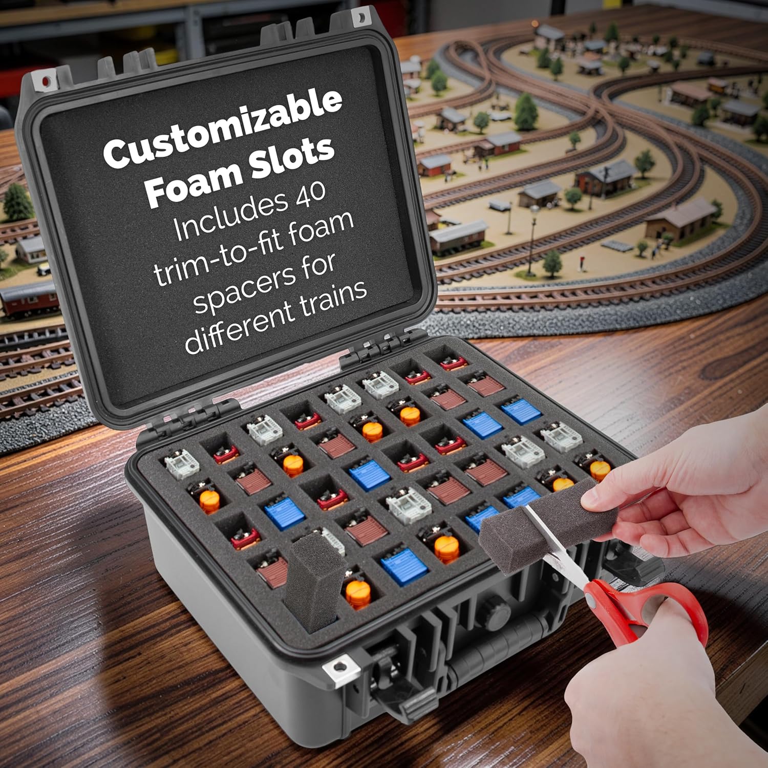 Customizable Foam Slots  
Includes 40 trim-to-fit foam spacers for different trains