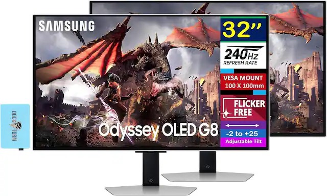 SAMSUNG 32" 240Hz REFRESH RATE VESA MOUNT 100 X 100mm DOCK TORM FLICKER FREE Odyssey OLED G8 -2 to +25 Adjustable Tilt