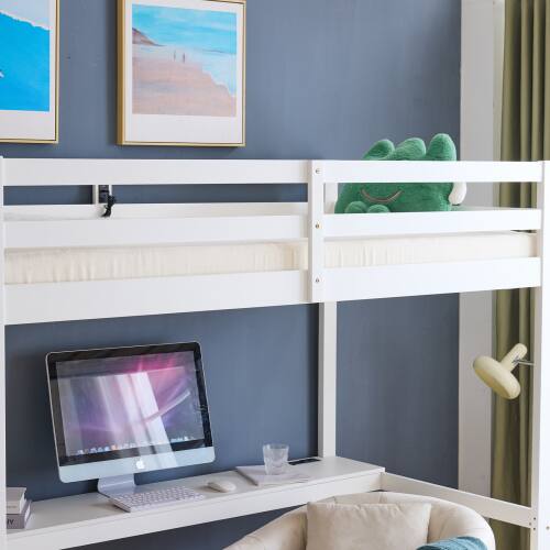 Alt View 2. Winado - Twin Size Wood Loft Bed Frame with Desk & Bookcase Solid Safety Guardrail with RGB LED 2 Charging Station for Junior - White.