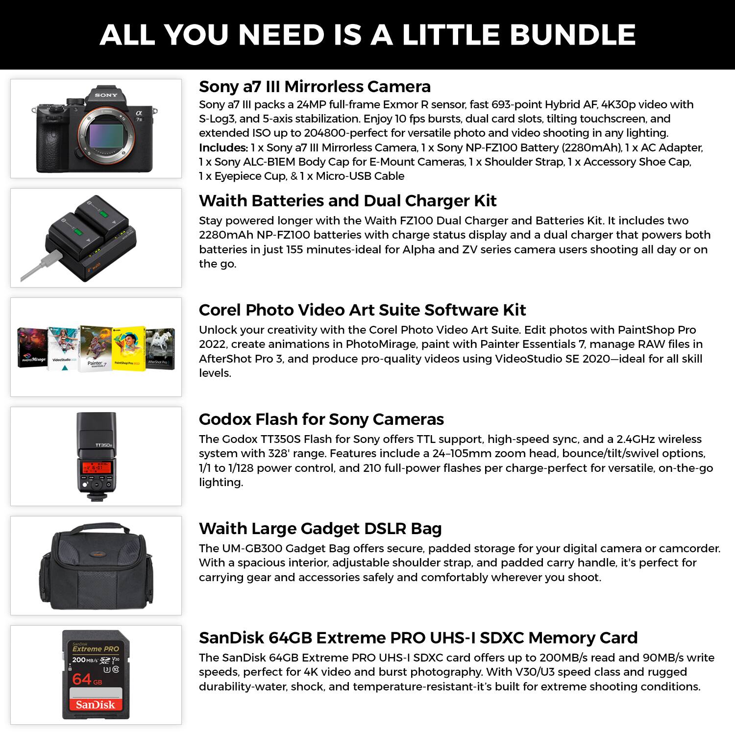 **ALL YOU NEED IS A LITTLE BUNDLE**

**Sony a7 III Mirrorless Camera**  
Sony a7 III packs a 24MP full-frame Exmor R sensor, fast 693-point Hybrid AF, 4K30p video with S-Log3, and 5-axis stabilization. Enjoy 10 fps bursts, dual card slots, tilting touchscreen, and extended ISO up to 204800-perfect for versatile photo and video shooting in any lighting.  
Includes: 1 x Sony a7 III Mirrorless Camera, 1 x Sony NP-FZ100 Battery (2280mAh), 1 x AC Adapter, 1 x Sony ALC-BIEM Body Cap for E-Mount Cameras, 1 x Shoulder Strap, 1 x Accessory Eyepiece Cup, 1 x Micro-USB Cable

**Waith Batteries and Dual Charger Kit**  
Stay powered longer with the Waith FZ100 Dual Charger and Batteries Kit. It includes two 2280mAh NP-FZ100 batteries with charge status display and a dual charger that powers both batteries in just 155 minutes-ideal for Alpha and ZV