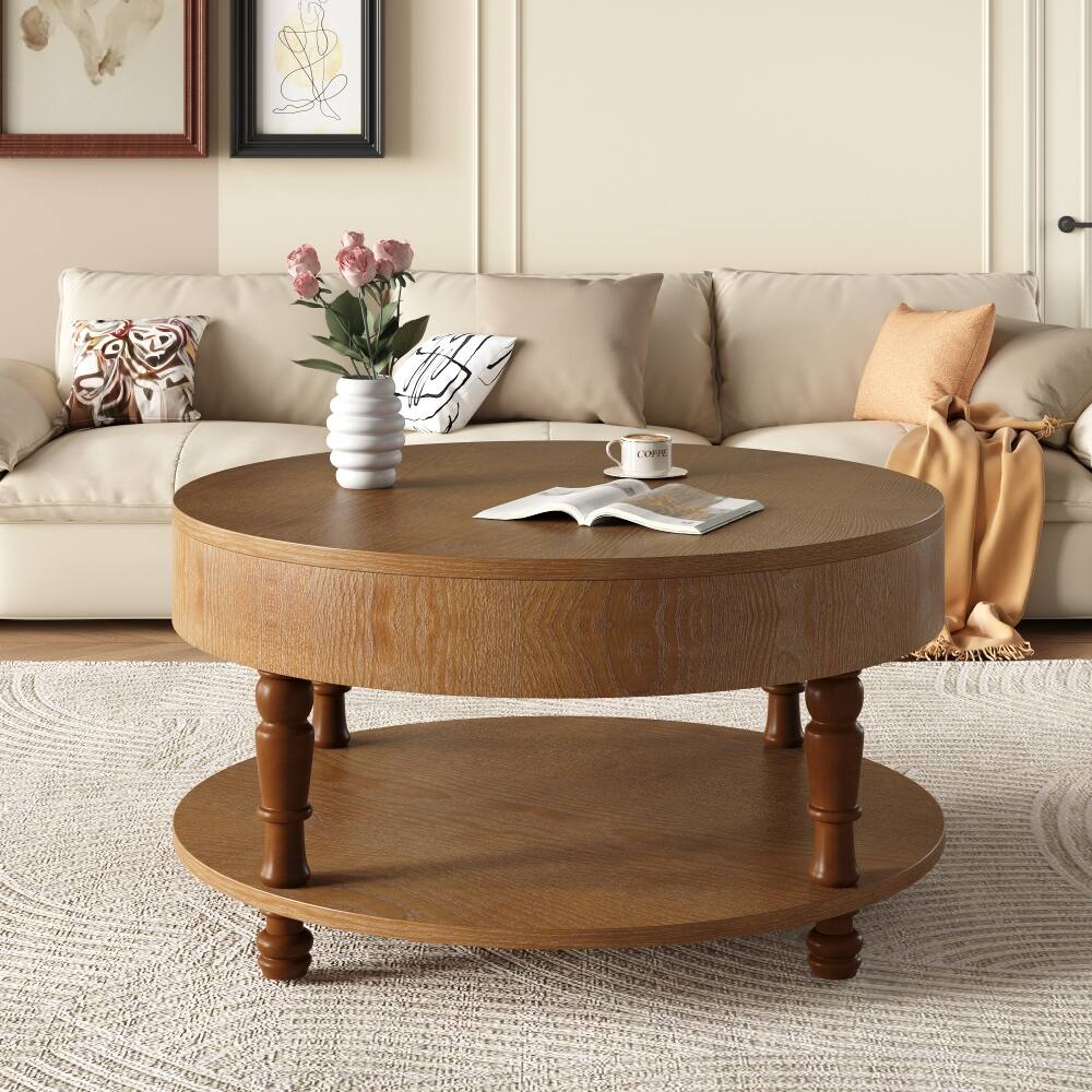 Alt View 2. Loheer - Loheer 31.5 inch modern round coffee table, walnut coffee table with hidden compartment - Walnut Brown.