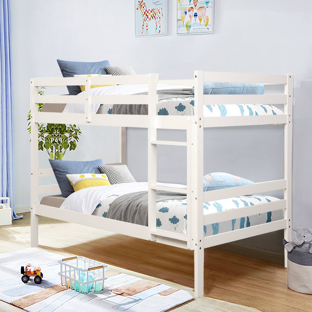 Alt View 1. Costway - Costway Twin Over Twin Wood Bunk Beds Ladder Safety Rail - White.
