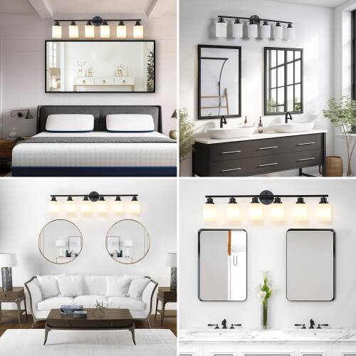 Alt View 1. LUCKY ONE - 39in Wall Mount Vanity Light, 6-Light Black Iron Sconce with Frosted White Glass Shades - Black.