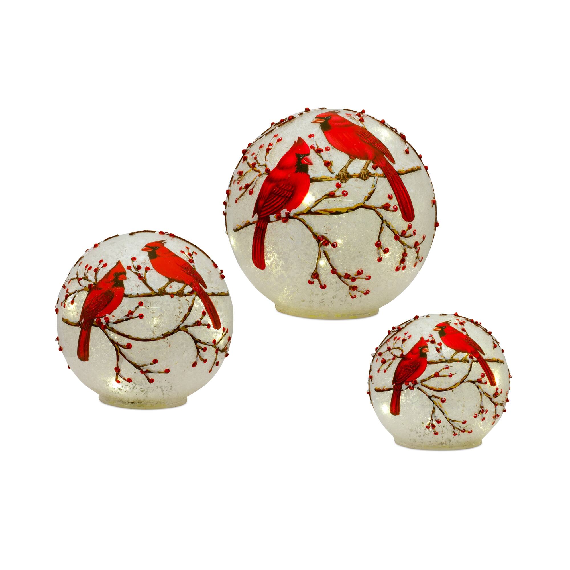 Front. BreeBe - LED Frosted Cardinal Orb with Berry Branch Design (Set of 3) - White, Red.