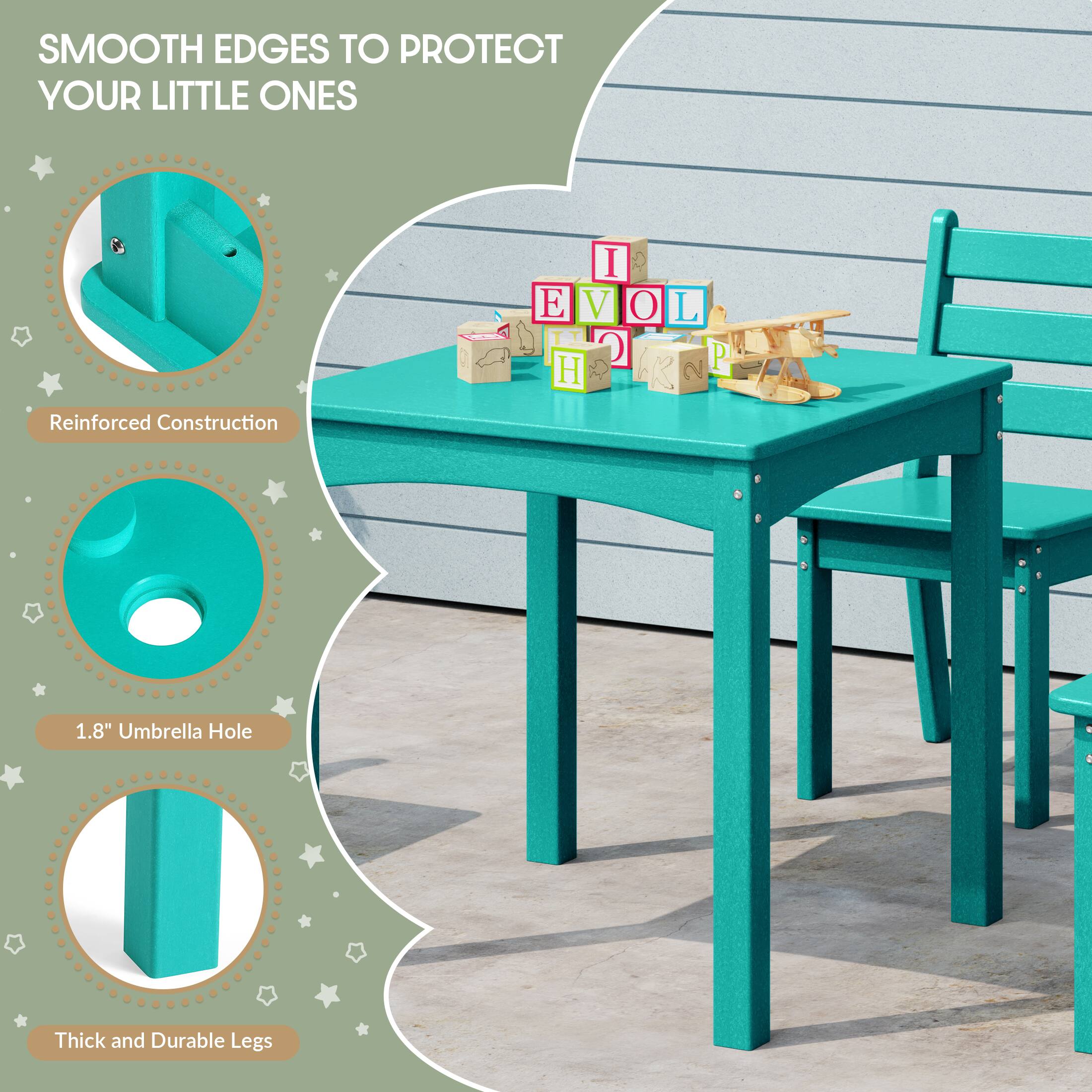SMOOTH EDGES TO PROTECT YOUR LITTLE ONES

Reinforced Construction

1.8" Umbrella Hole

Thick and Durable Legs