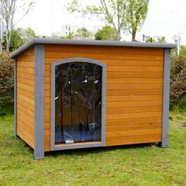 Pefilos - 44" Wood Dog House for Medium Dogs with Plastic Curtain, Insulation Mat, Outdoor Weatherproof Pet Cat House