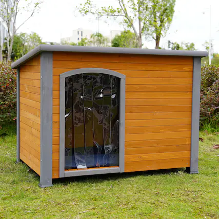 Front. Pefilos - 44" Wood Dog House for Medium Dogs with Plastic Curtain, Insulation Mat, Outdoor Weatherproof Pet Cat House.