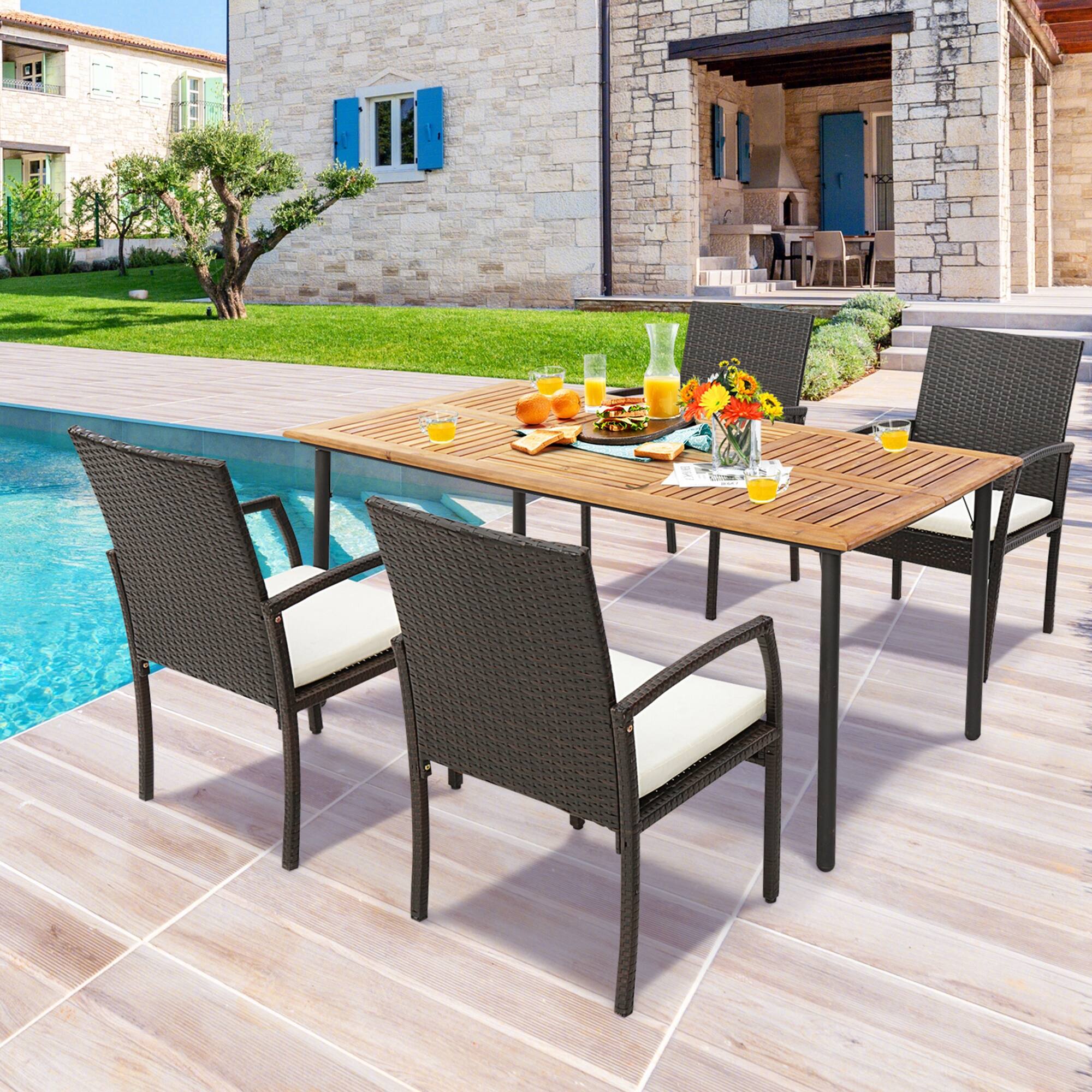 Alt View 3. Costway - Costway Patio Rectangular Acacia Wood Dining Table with 1.9"Umbrella Hole Indoor&Outdoor - Natural,Black.