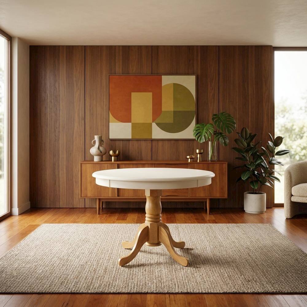 Alt View 3. FurniFact - Linen White Oak Round Pedestal Dining Table - White & Oak.