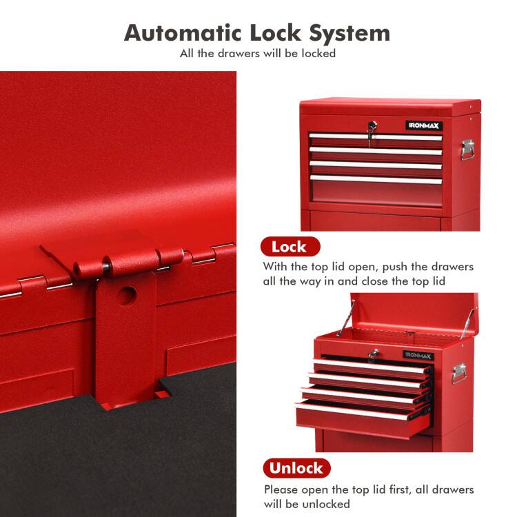 Automatic Lock System  
All the drawers will be locked

**Lock**  
With the top lid open, push the drawers all the way in and close the top lid

**Unlock**  
Please open the top lid first, all drawers will be unlocked