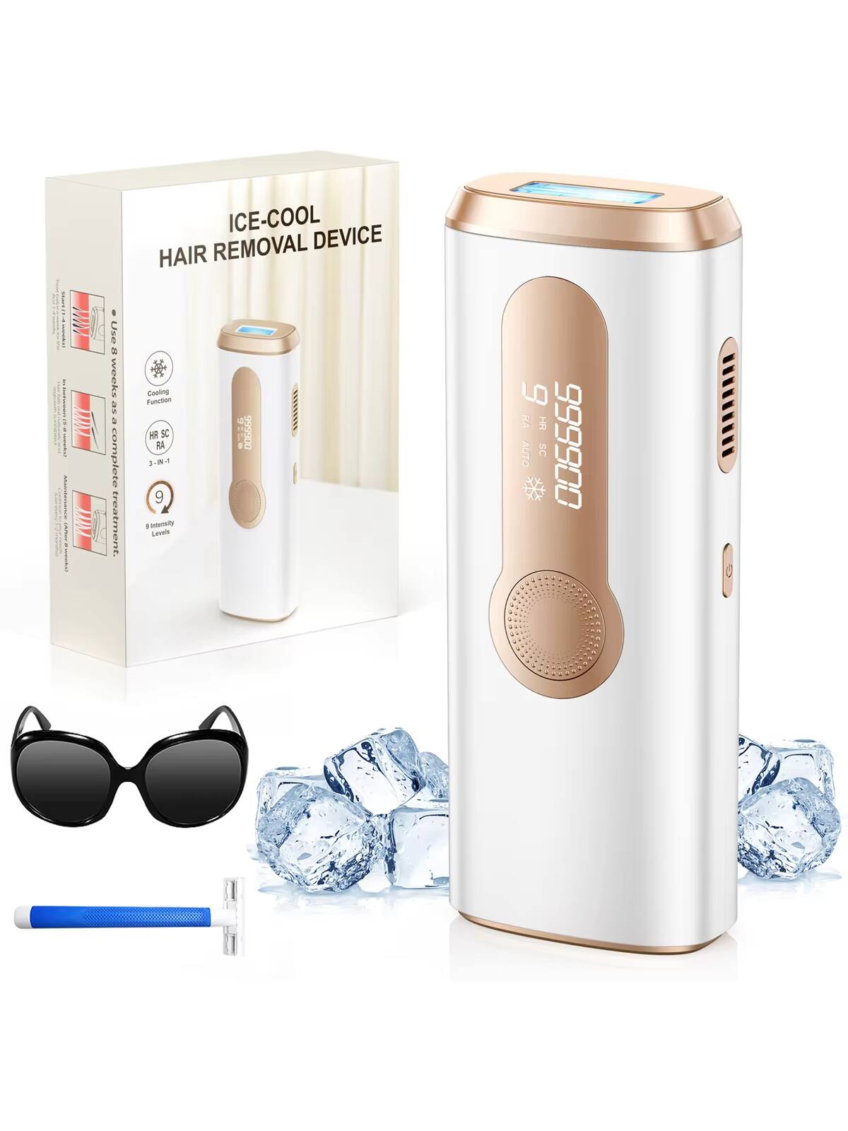 ICE-COOL HAIR REMOVAL DEVICE

- Use 2 weeks as complete treatment.
- Cooling Function
- HR SC RA 3-IN-1
- 9 Intensity Levels
- AUTO

PPIIO 35-1 1-4 9 1

AUTO SC 006666 0