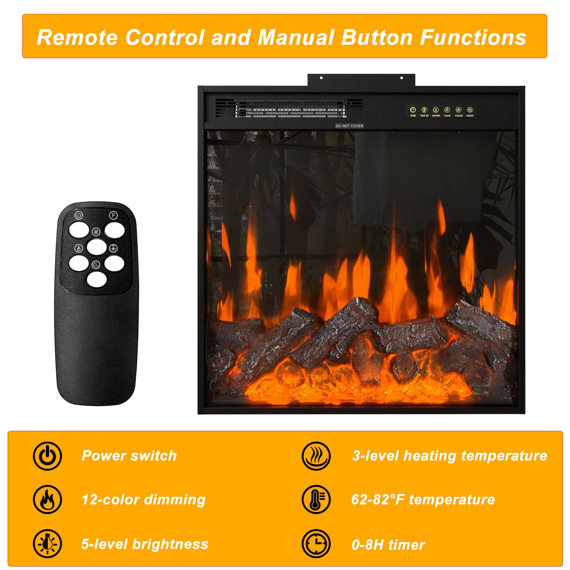 Homsee - Built-In Electric Fireplace Insert, 1500W Recessed or Freestanding Heater with Multi-Color Flame & Remote - Black - Thumbnail 5