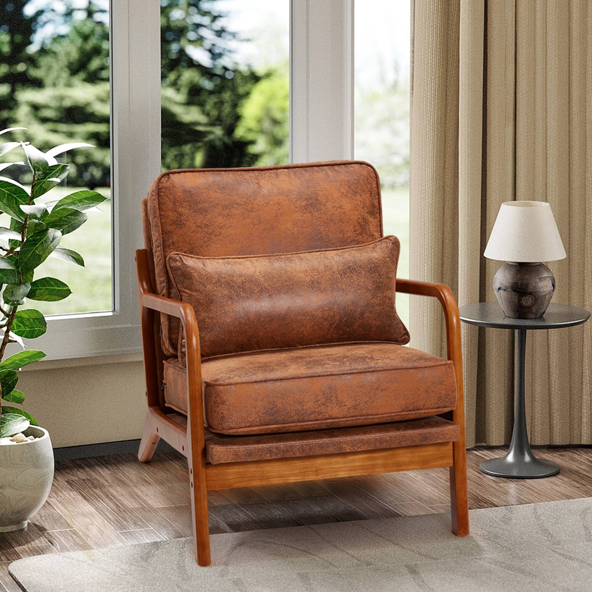 Left. U-HOMY - Mid-Century Modern Accent Chair, Solid Wood Armchair with Upholstered Cushion for Living Room, Bedroom  - Brown.