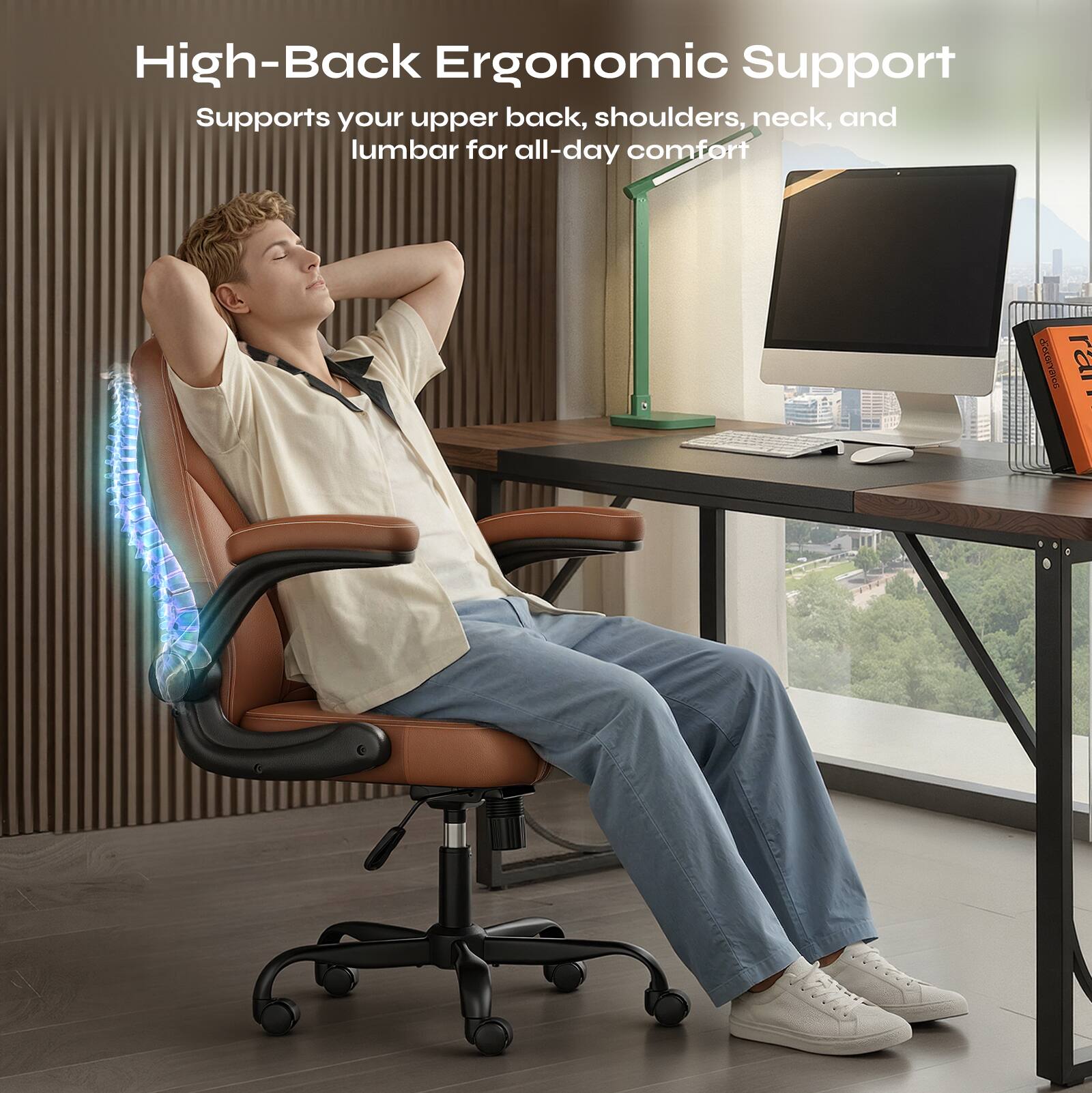 High-Back Ergonomic Support  
Supports your upper back, shoulders, neck, and lumbar for all-day comfort
