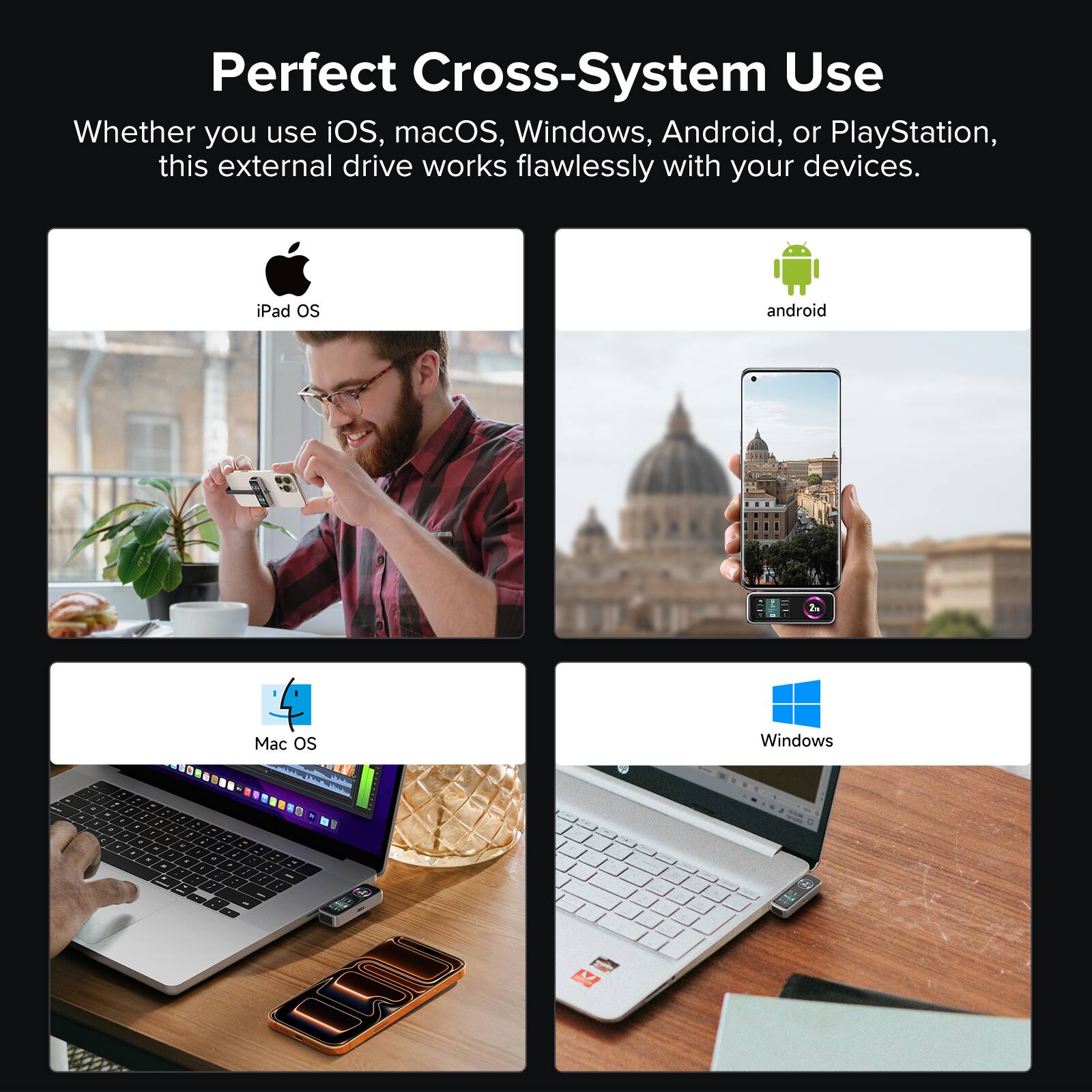Perfect Cross-System Use  
Whether you use iOS, macOS, Windows, Android, or PlayStation, this external drive works flawlessly with your devices.