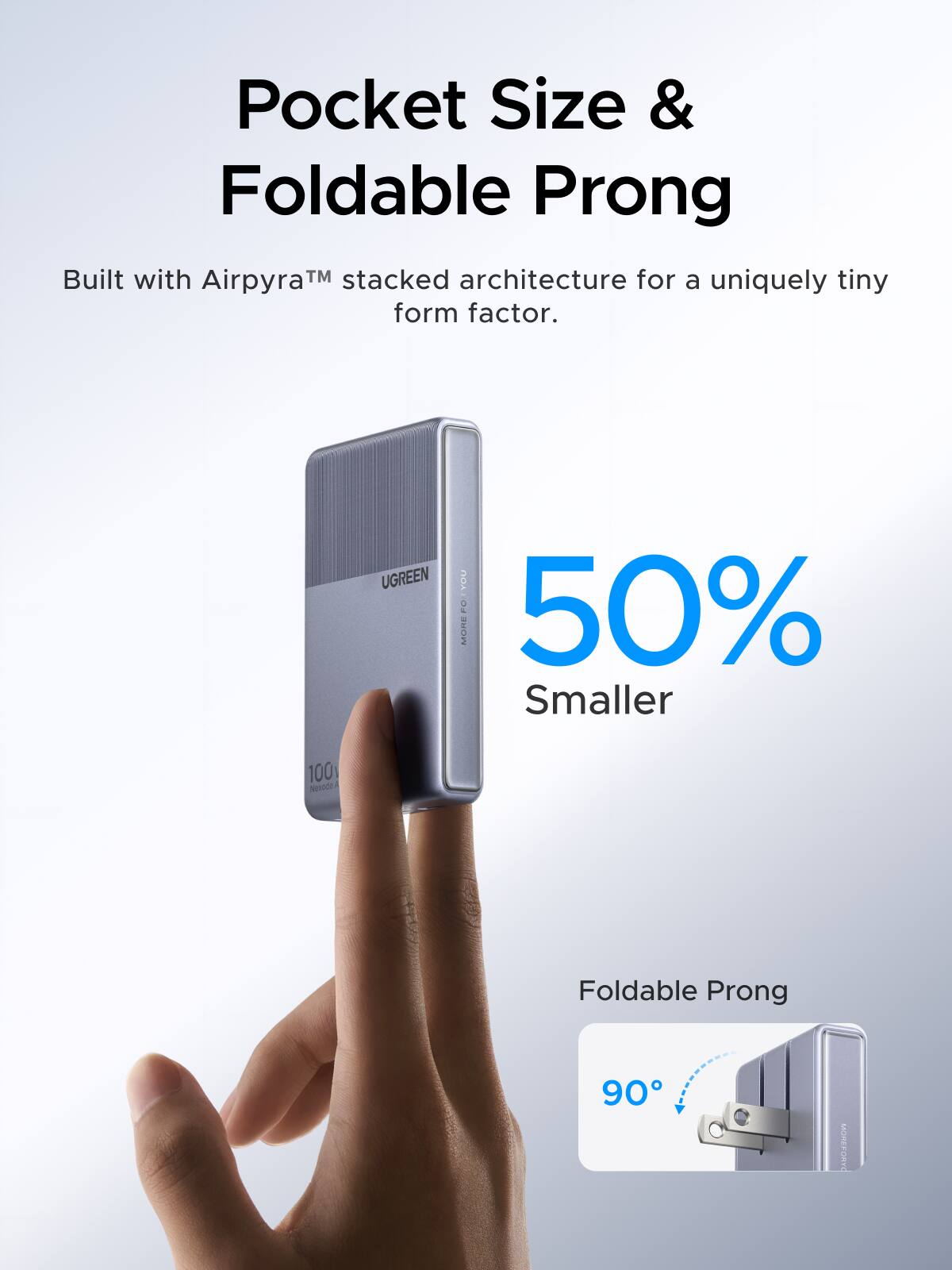 Pocket Size & Foldable Prong  
Built with Airpyra™ stacked architecture for a uniquely tiny form factor.  

UGREEN YOU 100  
50% Smaller  

Foldable Prong  
90°