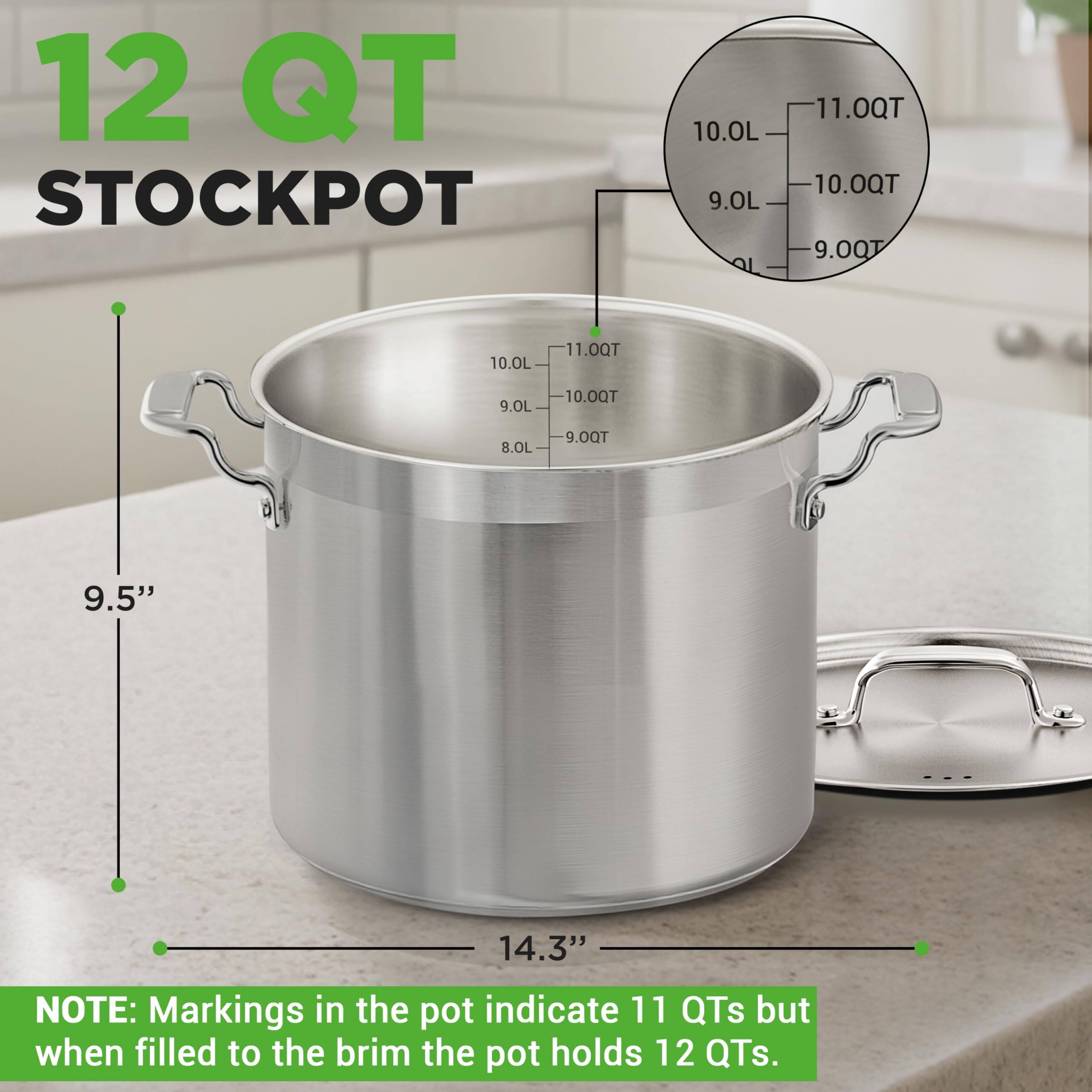 12 QT STOCKPOT  
10.0L  
9.0L  
11.0QT  
10.0QT  
9.0QT  
10.0L  
1.0QT  
9.0L  
10.0QT  
8.0L  
9.0QT  
9.5"  
14.3"  

NOTE: Markings in the pot indicate 11 QTs but when filled to the brim the pot holds 12 QTs.