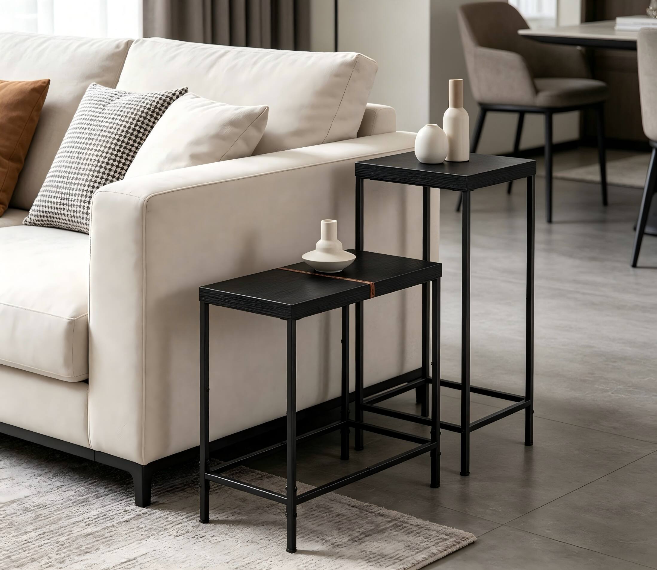 Alt View 1. Oumilen - Set of 2 Black Narrow Nesting End Tables – Wood Top with Black Metal Frame, Slim Accent for Sofa Living Room - Black.