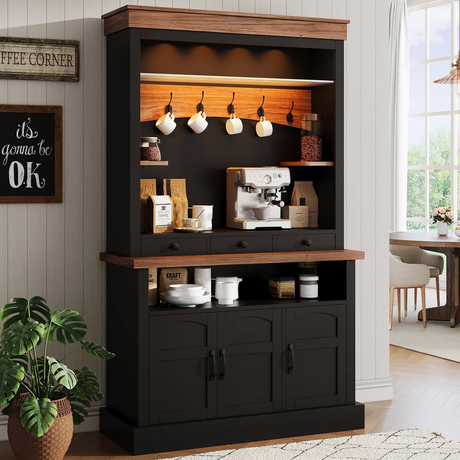 Jojoka - 72" Coffee Bar Cabinet with LED Light, Microwave Stand/Glass Shelf/6 Hooks/3 Drawers - Black