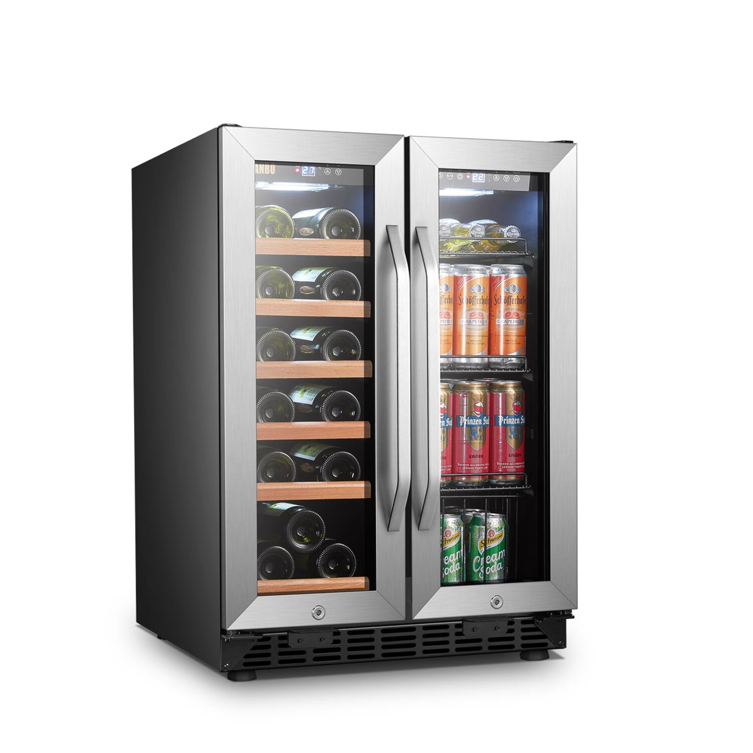 Left. Lanbo - Freestanding/Built-In 23.4'' width 18 Bottle 56 Can Dual Zone Combo Wine and Beverage Cooler - Black.