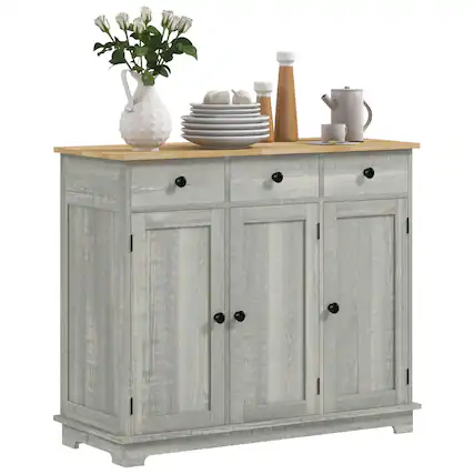 Front. Homcom - Storage Cabinet, Sideboard Floor Cupboard with Solid Wood Top, Adjustable Shelf, and 3 Drawers - Distressed Light Gray.