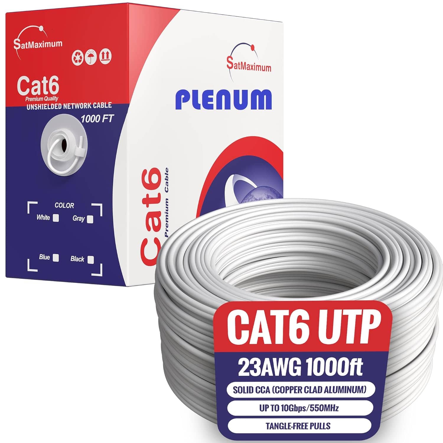 Cables Direct Online - CAT6 1000FT Plenum CMP Ethernet Cable 550MHz 23AWG UTP RJ45 LAN Bulk Network Wire CCA Copper Clad Aluminum, White