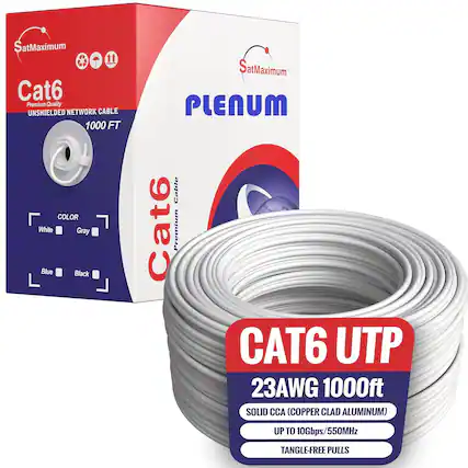 SatMaximum Cat6 Premium Quality UNSHIELDED NETWORK CABLE 1000 FT COLOR White Gray Blue Black SatMaximum PLENUM Cable Cat6 Premium CAT6 UTP 23AWG 1000ft SOLID CCA (COPPER CLAD ALUMINUM) UP TO 10Gbps/550MHz TANGLE-FREE PULLS
