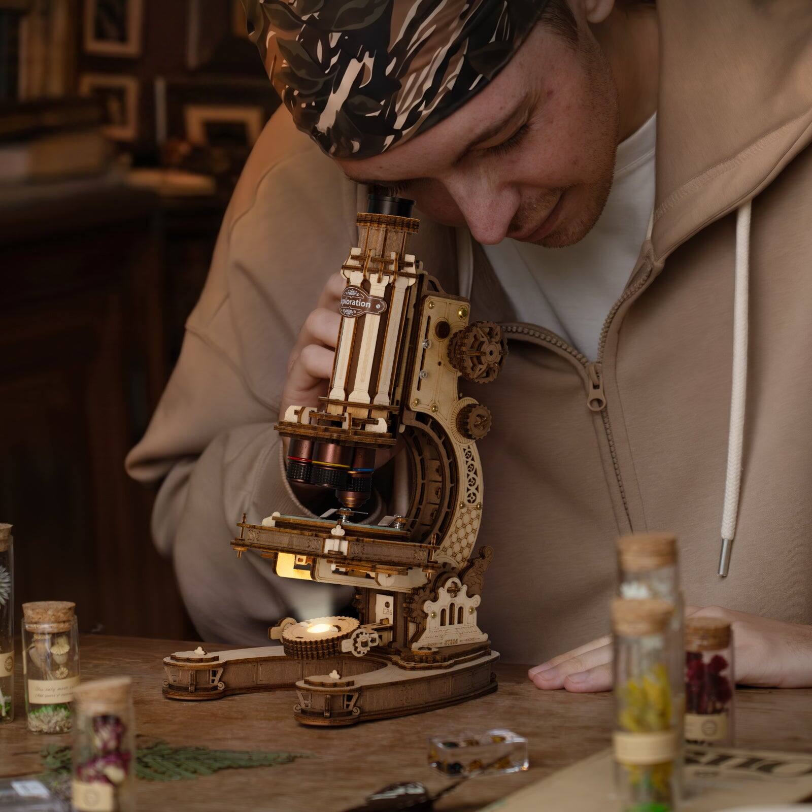 Left. Robotime - ROKR Wooden 3D Puzzle Building Kit, Real Optical Microscope with 40X-400X Magnification ST005.