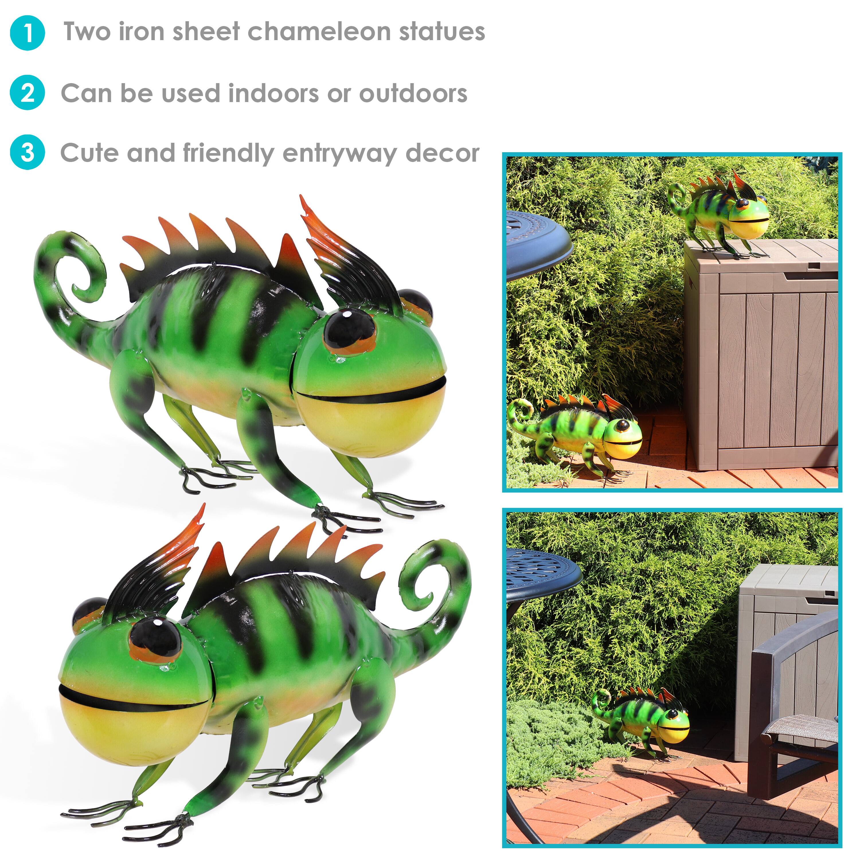 1. Two iron sheet chameleon statues  
2. Can be used indoors or outdoors  
3. Cute and friendly entryway decor