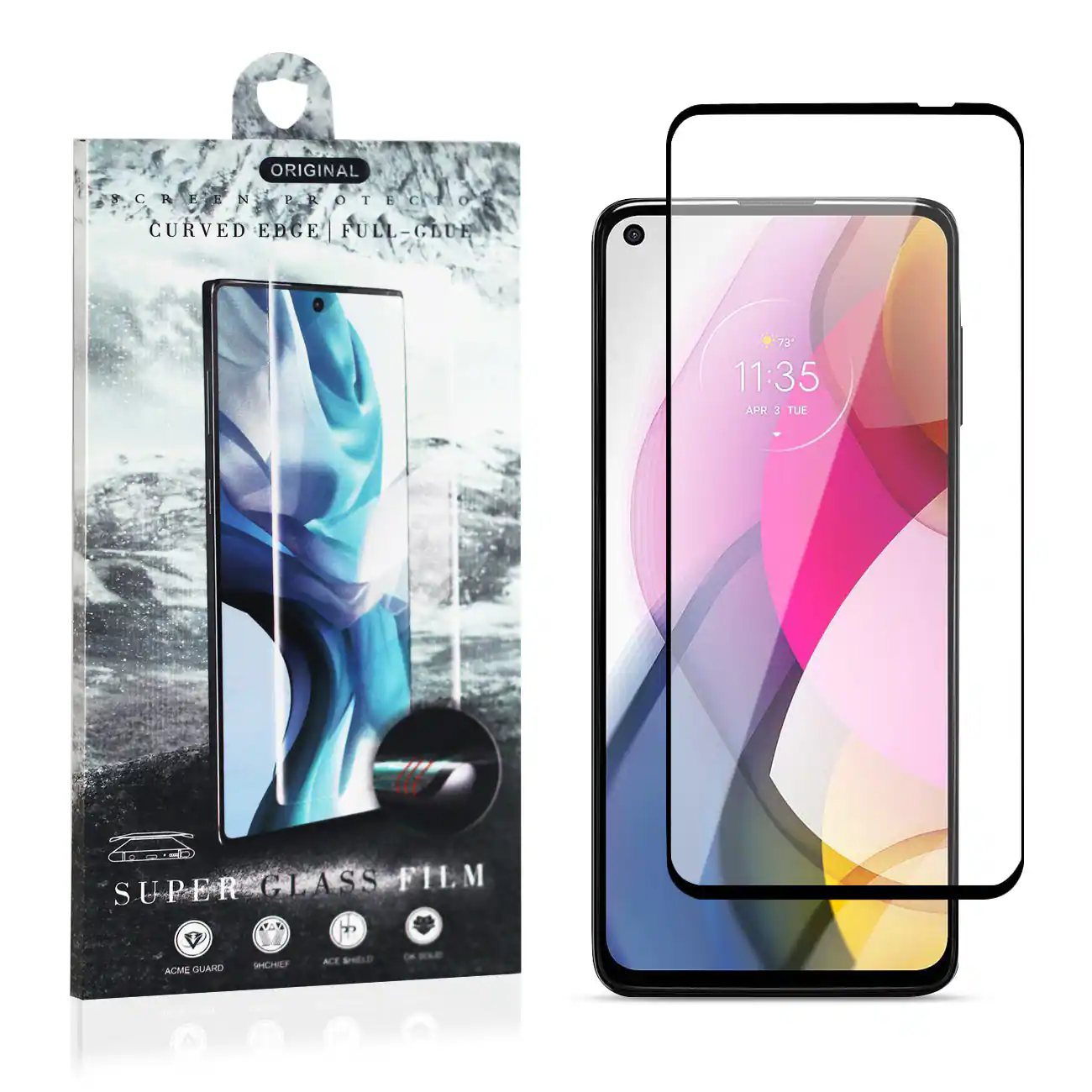 ORIGINAL  
PCRE PROTECTION  
CURVED EDGE | FULL-GLUE  

SUPER GLASS FILM  

ACME GUARD  
SHIELD  
ACE SHIELD  
OK SHIELD  

11:35  
APR 3 TUE  
73°