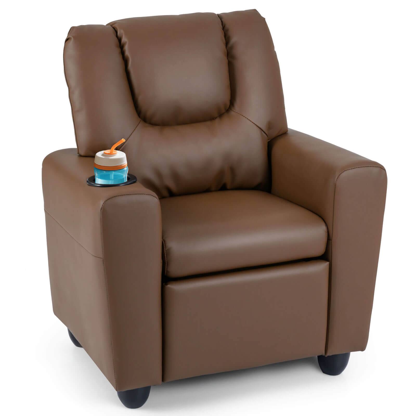 Front. Costway - Costway Kids Recliner with Cup Holder Adjustable Backrest & Footrest for Boys & Girls - Coffee.