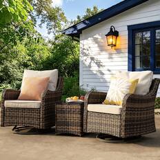 Front. Yardgrace - 3-Piece Outdoor Swivel Rocker Set – Washable Cushions & Tempered Glass Table for Patio, Lawn, Porch, Backyard - Beige.