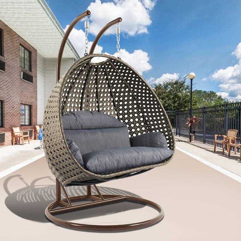 Angle. LeisureMod - Leisuremod 2-Person Wicker Egg Swing Chair with Stand & Washable Cushions - Indoor/Outdoor Double Hanging Patio Chair - Charcoal Blue.