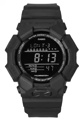 G-SHOCK RESIST 20 WATER CASIO 20BAR ADJUST HOLD/SET LON-3 REVERSE REV RESET 1 12345678910 4 5 B 9 10 HOLD 8:13 MUTE MODE a SELECT ALM SIG 47 FORWARD START II ILLUMINATOR 10 BATTERY YEAR