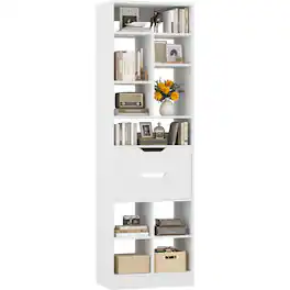Aheaplus - 80" Tall Narrow 9-Tier Bookshelf with 2 Drawers - Space-Saving Wood Storage for Living Room, Office & Bedroom - White